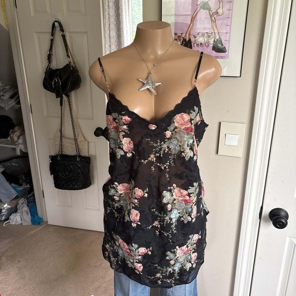 Y2K 2000s Linea Donatella Black Floral Lace cami slip lingerie top